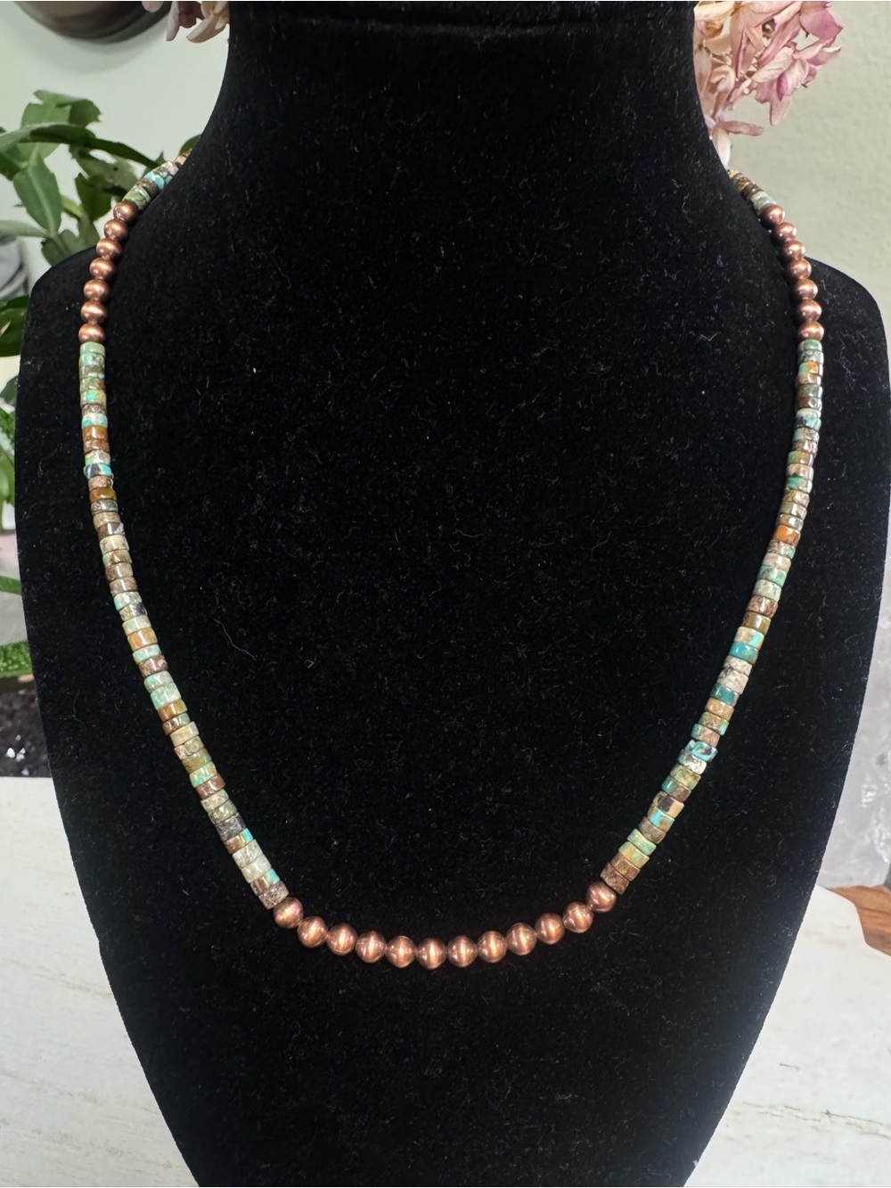 18” Royston Turquoise Heishi and 3mm Copper Pearl Bead Necklace - Handmade